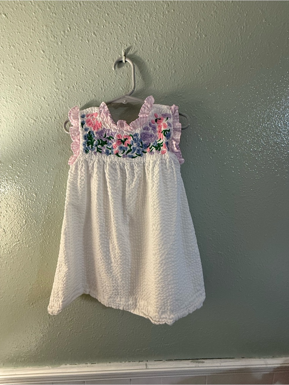 White Seersucker Girls' Dress with Pink Floral Embroidery